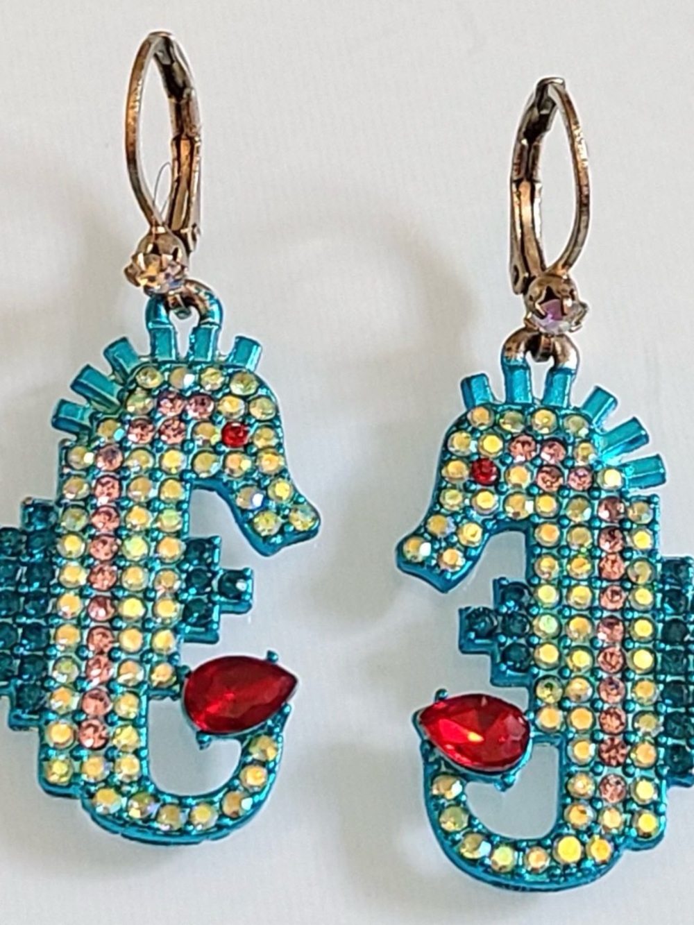 Vintage Betsey Johnson Turquoise Jeweled SEA HORSES Earrings NWT
